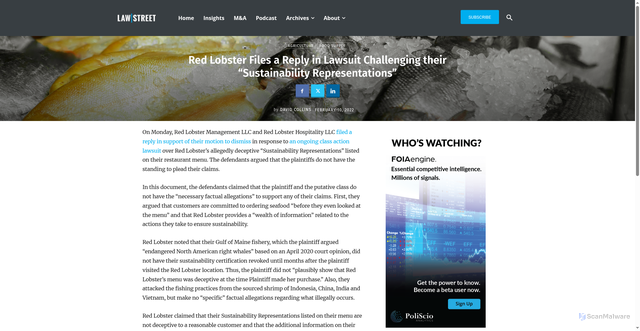 Security scan screenshot of https://lawstreetmedia.com/news/agriculture/red-lobster-files-a-reply-in-lawsuit-challenging-their-sustainability-representations/