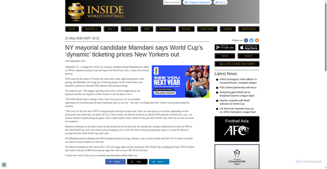 Security scan screenshot of https://www.insideworldfootball.com/2025/09/10/ny-mayorial-candidate-mamdani-says-world-cups-dynamic-ticketing-prices-new-yorkers/
