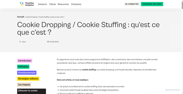 Security scan screenshot of https://thankyouanalytics.com/fr/blog/fraude-cookie-dropping-cookie-stuffing/