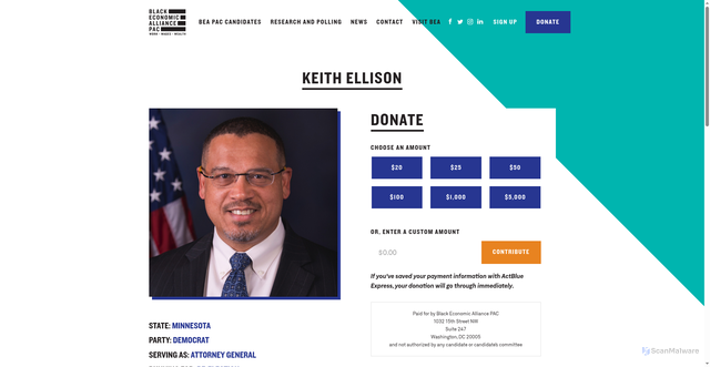 Security scan screenshot of https://pac.blackeconomicalliance.org/candidate/keith-ellison/