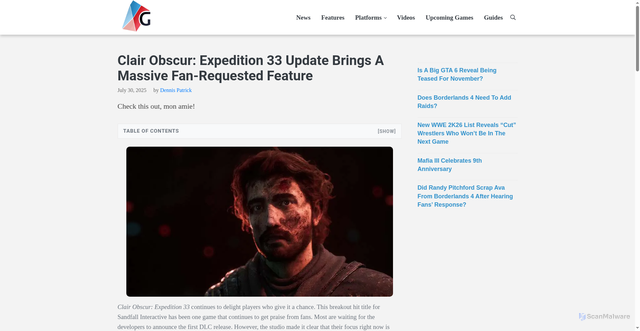 Security scan screenshot of https://gameranx.com/updates/id/546174/article/clair-obscur-expedition-33-update-brings-a-massive-fan-requested-feature/