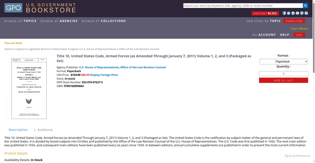 Security scan screenshot of https://bookstore.gpo.gov/products/title-10-united-states-code-armed-forces-amended-through-january-7-2011-volume-1-2-and-3