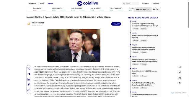 Security scan screenshot of https://www.coinlive.com/news/morgan-stanley-if-spacex-falls-to-100-it-would-mean