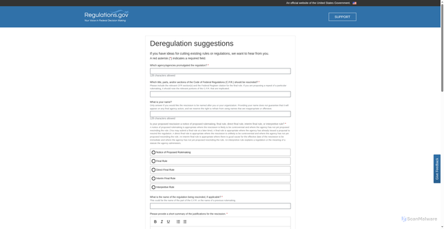 Security scan screenshot of https://www.regulations.gov/deregulation