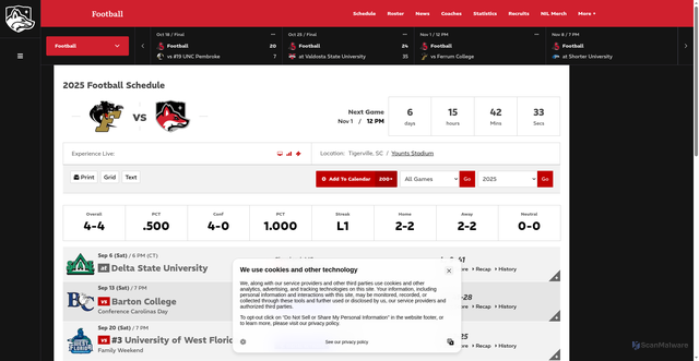 Security scan screenshot of https://nguathletics.com/sports/football/schedule