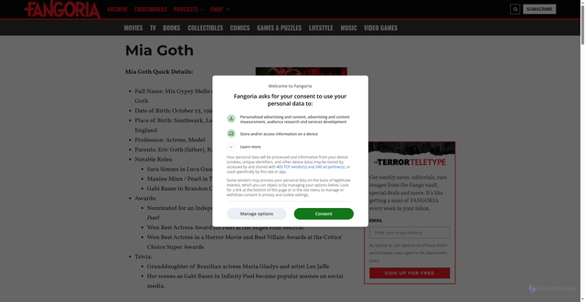 Security scan screenshot of https://www.fangoria.com/people/mia-goth/