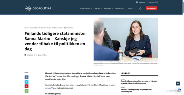 Security scan screenshot of https://geopolitika.no/finlands-tidligere-statsminister-sanna-marin-kanskje-jeg-vender-tilbake-til-politikken-en-dag/