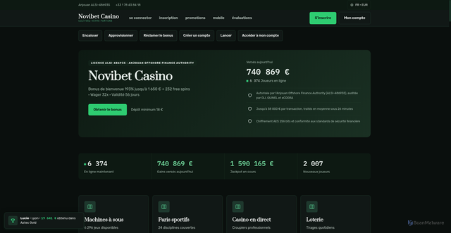 Security scan screenshot of https://novibetcasino.fr/