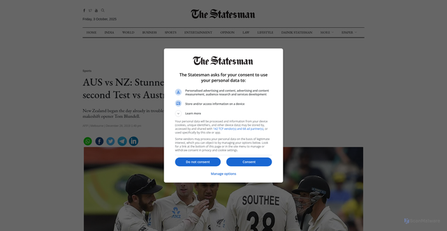 Security scan screenshot of https://www.thestatesman.com/sports/aus-vs-nz-stunned-new-zealand-fight-save-second-test-vs-australia-1502838343.html