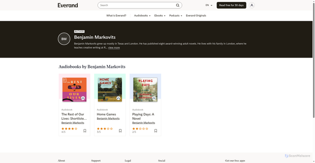 Security scan screenshot of https://www.everand.com/author/659861804/Benjamin-Markovits