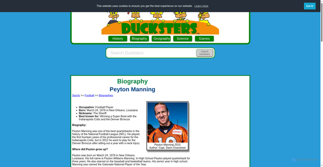 Security scan screenshot of https://www.ducksters.com/sports/peyton_manning.php