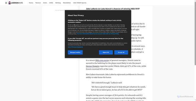 Security scan screenshot of https://lebronwire.usatoday.com/story/sports/nba/2025/10/11/jake-laravia-on-luka-doncics-chances-of-winning-nba-mvp-award/86655783007/