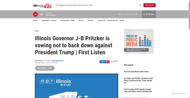 Security scan screenshot of https://www.nprillinois.org/news/2025-10-09/illinois-governor-j-b-pritzker-is-vowing-not-to-back-down-against-president-trump-first-listen