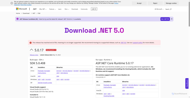 Security scan screenshot of https://dotnet.microsoft.com/en-us/download/dotnet/5.0