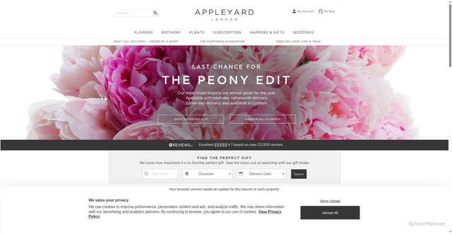 Security scan screenshot of https://cdn.appleyardflowers.com