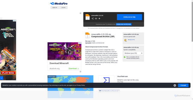 Security scan screenshot of https://www.mediafire.com/file/nqh1sba4uyeh0nn/minecraftfix+1.21.131.zip/file