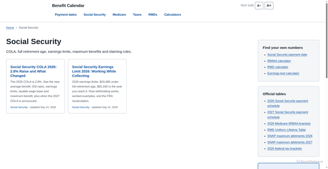 Security scan screenshot of https://thebenefitcalendar.com/category/social-security