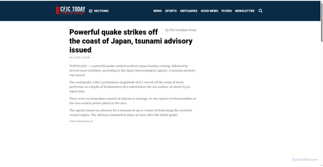 Security scan screenshot of https://cfjctoday.com/2025/11/09/powerful-earthquake-strikes-off-the-coast-of-japan-tsunami-advisory-issued/