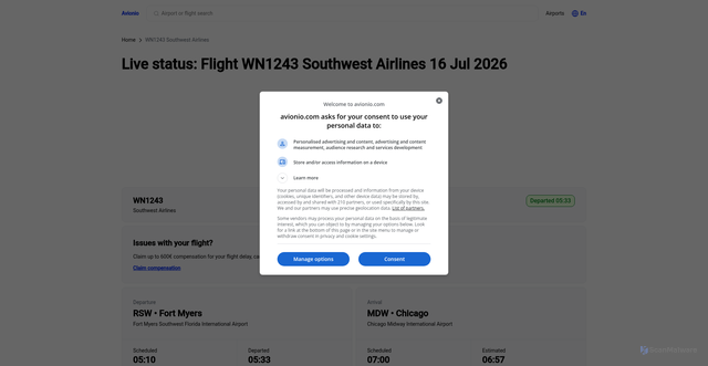 Security scan screenshot of https://www.avionio.com/en/flight/wn-1243