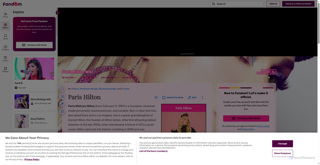 Security scan screenshot of https://parishilton.fandom.com/wiki/Paris_Hilton