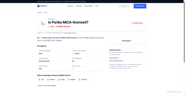 Security scan screenshot of https://eumica.com/exchange/paribu