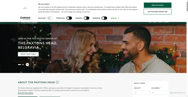 Security scan screenshot of https://www.greeneking.co.uk/pubs/greater-london/paxtons-head?td_id=22f8501baf30b3bf9d0a3470fb6c334286c43d0f92e3eb2d8a902009f6742c23&utm_source=braze&utm_medium=email&utm_campaign=HT_auto_firstvisitbounceback_2501-stage-2_email&utm_keyword=email&utm_content=header_logo