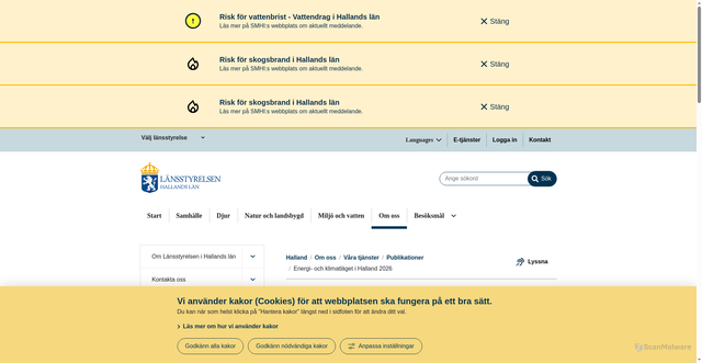Security scan screenshot of https://www.lansstyrelsen.se/halland/om-oss/vara-tjanster/publikationer/2026/energi--och-klimatlaget-i-halland-2026.html