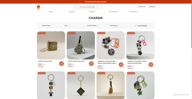 Security scan screenshot of https://shriaaum.store/CHARMS/collection/ttGvDLdR