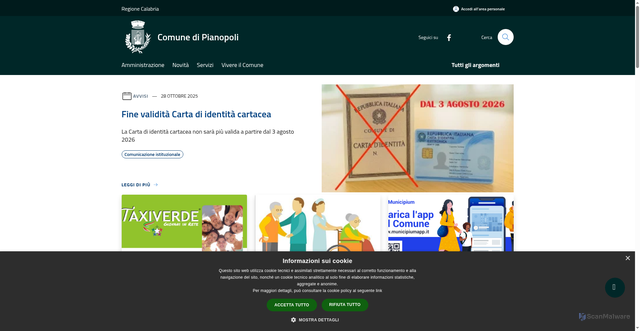 Security scan screenshot of https://www.comune.pianopoli.cz.it