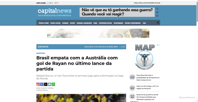 Security scan screenshot of https://www.capitalnews.com.br/esporte/brasil-empata-com-a-australia-com-gol-de-rayan-no-ultimo-lance-da-partida/447188
