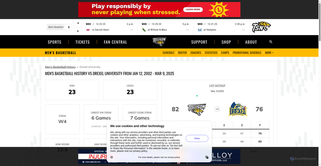 Security scan screenshot of https://towsontigers.com/sports/mens-basketball/opponent-history/drexel-university/5