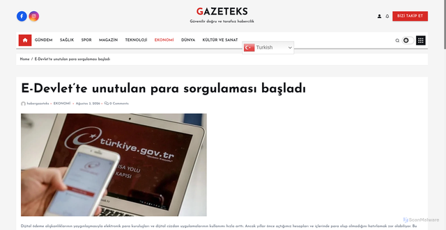Security scan screenshot of https://gazeteks.com/e-devlette-unutulan-para-sorgulamasi-basladi/