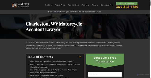 Security scan screenshot of https://wvpersonalinjury.com/auto-accidents/motorcycle-accidents/