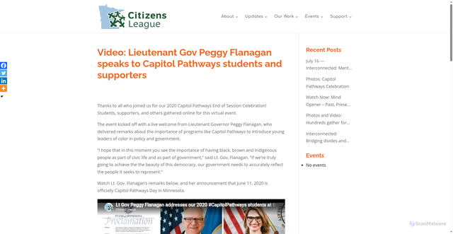 Security scan screenshot of https://citizensleague.org/blog/video-lieutenant-gov-peggy-flanagan-speaks-to-capitol-pathways-students-and-supporters/