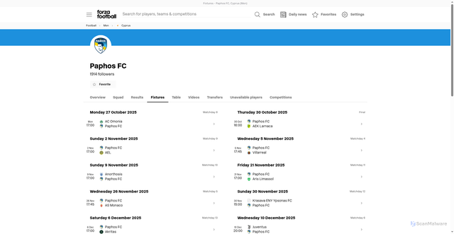 Security scan screenshot of https://forzafootball.com/team/39911/fixtures