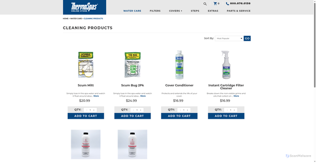 Security scan screenshot of https://online.thermospas.com/Cleaning-Products-s/26.htm
