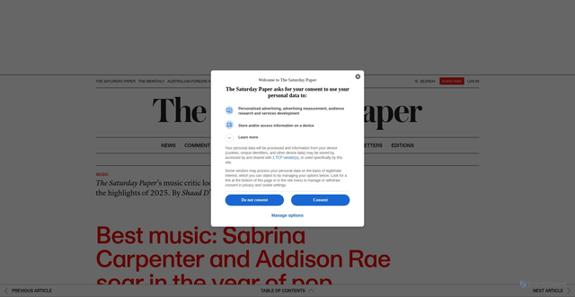 Security scan screenshot of https://www.thesaturdaypaper.com.au/culture/music/2025/12/20/best-music-sabrina-carpenter-and-addison-rae-soar-the-year-pop