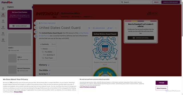Security scan screenshot of https://dutesverse.fandom.com/wiki/United_States_Coast_Guard