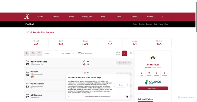 Security scan screenshot of https://rolltide.com/sports/football/schedule