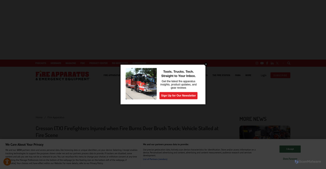 Security scan screenshot of https://www.fireapparatusmagazine.com/fire-apparatus/cresson-tx-firefighters-injured-when-fire-burns-over-brush-truck/