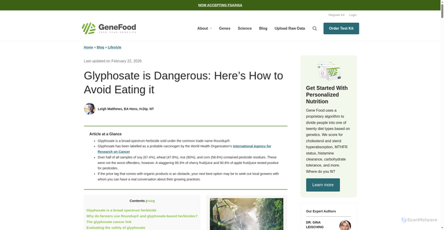 Security scan screenshot of https://www.mygenefood.com/blog/why-glyphosate-is-dangerous-and-how-to-avoid-eating-it/