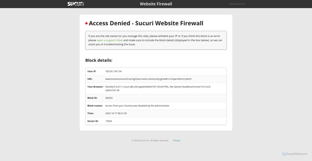 Security scan screenshot of https://www.businessrecord.com/grimes-touts-community-growth-in-hope-district-pitch/