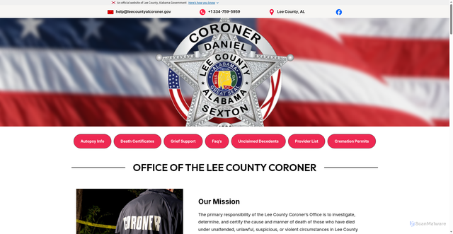 Security scan screenshot of https://leecountyalcoroner.gov/