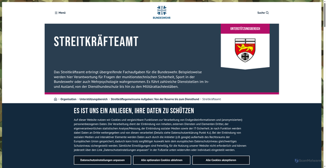 Security scan screenshot of https://www.bundeswehr.de/de/organisation/unterstuetzungsbereich/streitkraeftegemeinsame-aufgaben/streitkraefteamt-in-bonn