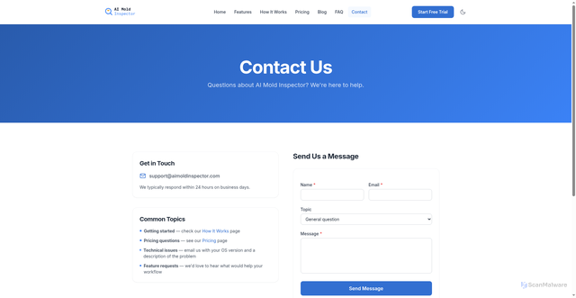 Security scan screenshot of https://aimoldinspector.pages.dev/contact