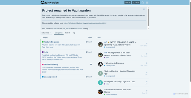 Security scan screenshot of https://vaultwarden.discourse.group