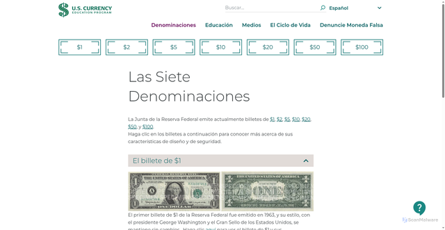 Security scan screenshot of https://www.uscurrency.gov/es/denominaciones