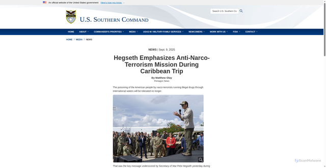 Security scan screenshot of https://www.southcom.mil/MEDIA/NEWS-ARTICLES/Article/4300493/hegseth-emphasizes-anti-narco-terrorism-mission-during-caribbean-trip/
