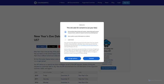 Security scan screenshot of https://calendarific.com/holiday/us/new-year-eve
