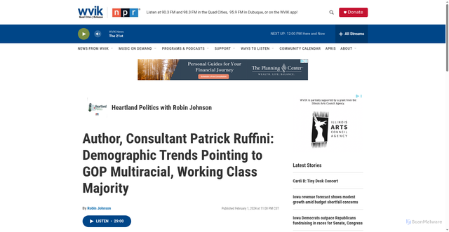 Security scan screenshot of https://www.wvik.org/podcast/heartland-politics-with-robin-johnson/2024-02-01/author-consultant-patrick-ruffini-demographic-trends-pointing-to-gop-multiracial-working-class-majority